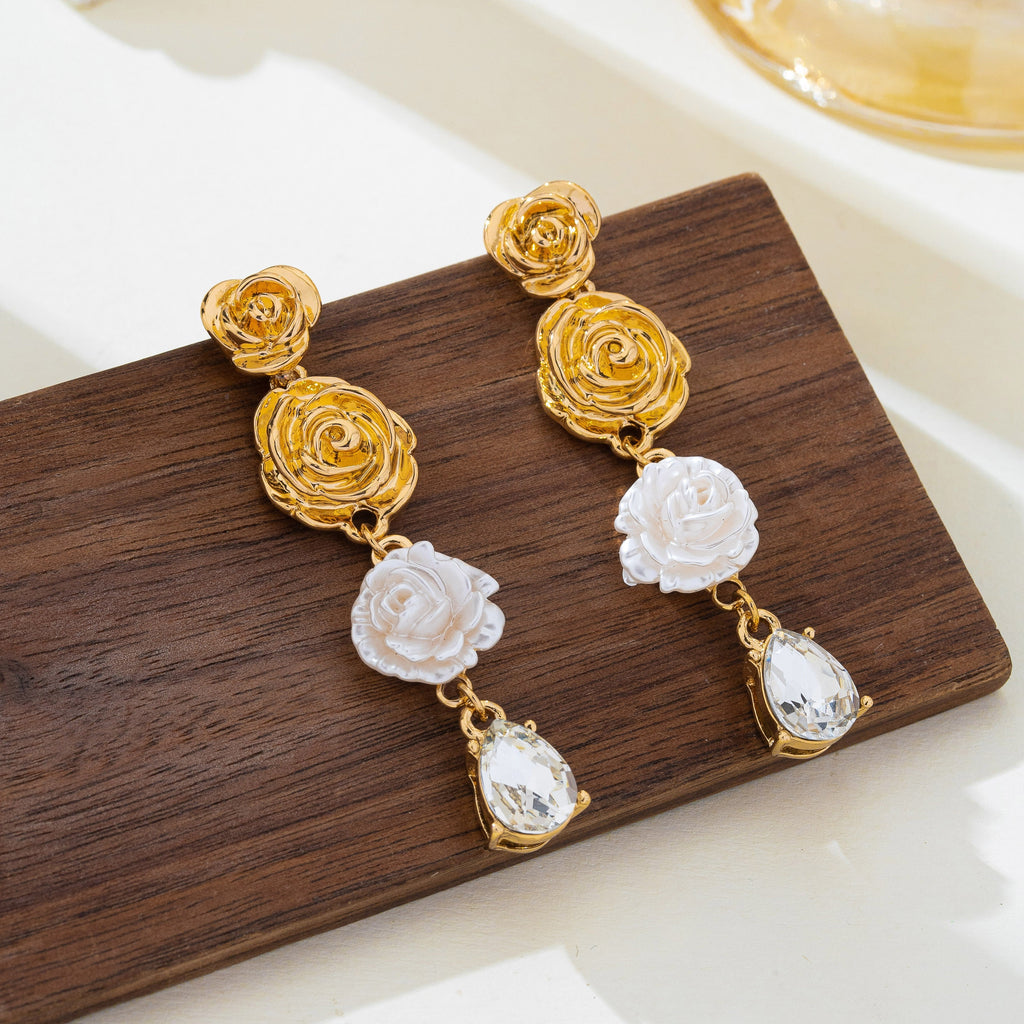 Triple-Tier Gold Floral & Crystal Dangle Earrings | 80E62438