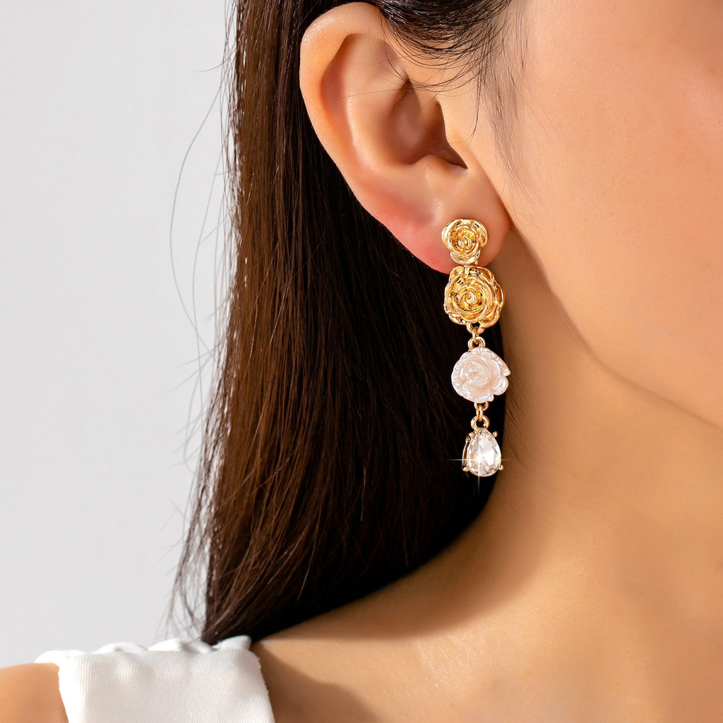 Triple-Tier Gold Floral & Crystal Dangle Earrings | 80E62438