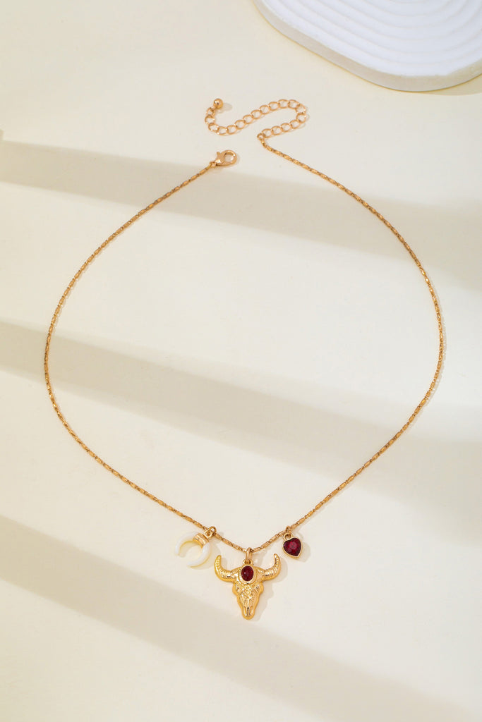 Ruby & Crescent Bull Skull Charm Necklace | 80N93321