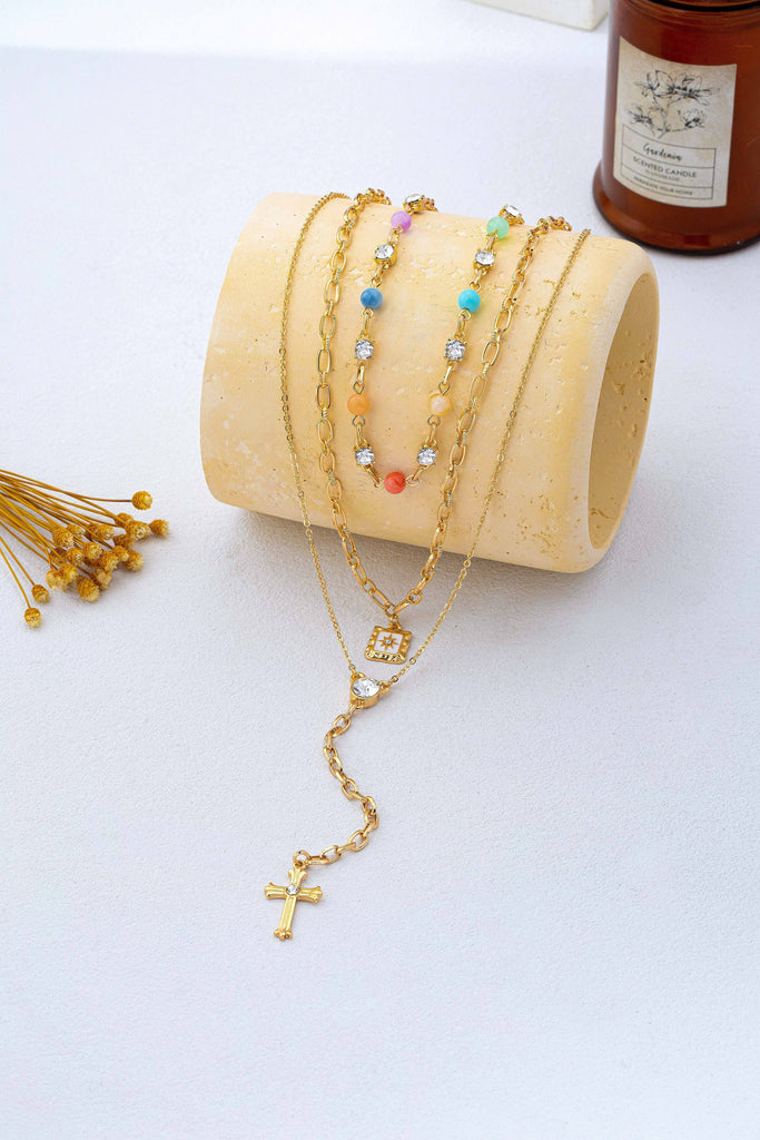 Multi-Strand Color Bead & Cross Lariat Necklace | 80N93303