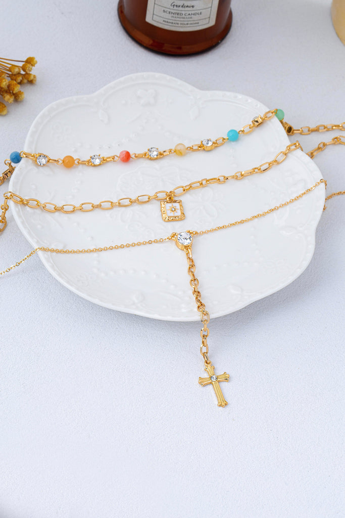 Multi-Strand Color Bead & Cross Lariat Necklace | 80N93303