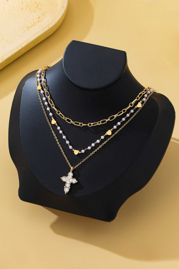 Multi-Strand Pearl & Crystal Cross Necklace | 80N93302