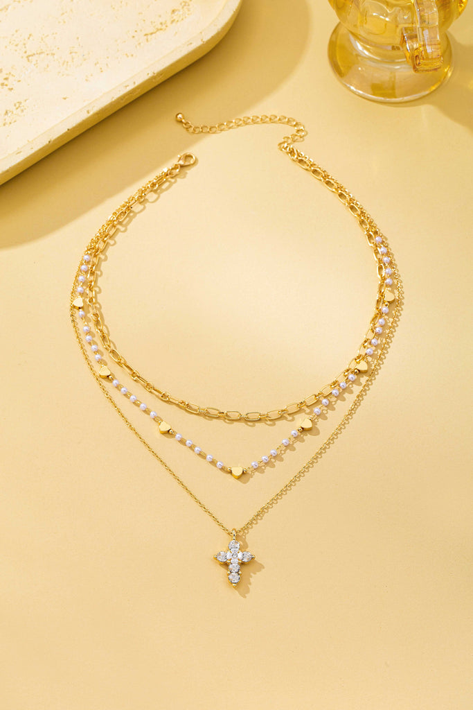 Multi-Strand Pearl & Crystal Cross Necklace | 80N93302