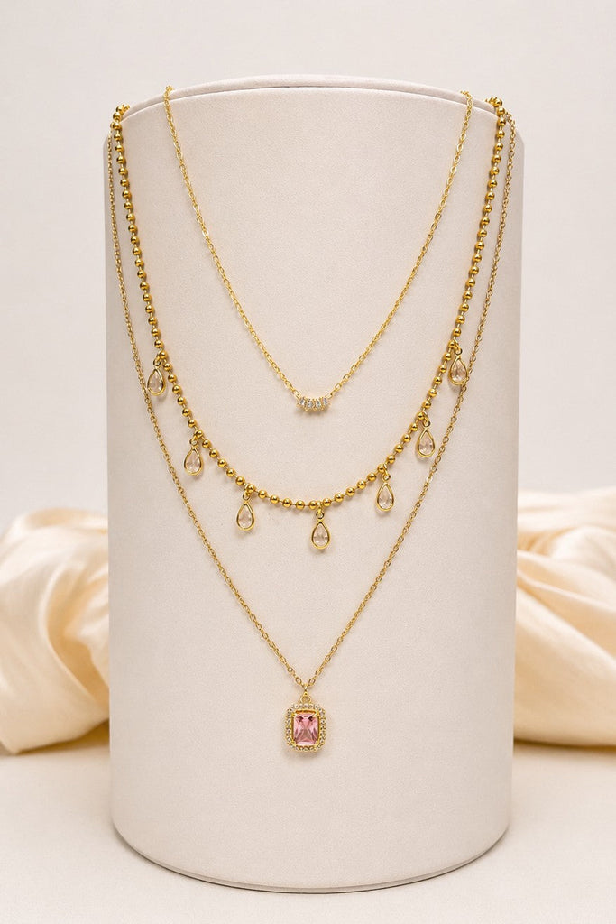 18K STAINLESS STEEL TARNISH FREE CRYSTAL LAYERED NECKLACE | 40NK9735