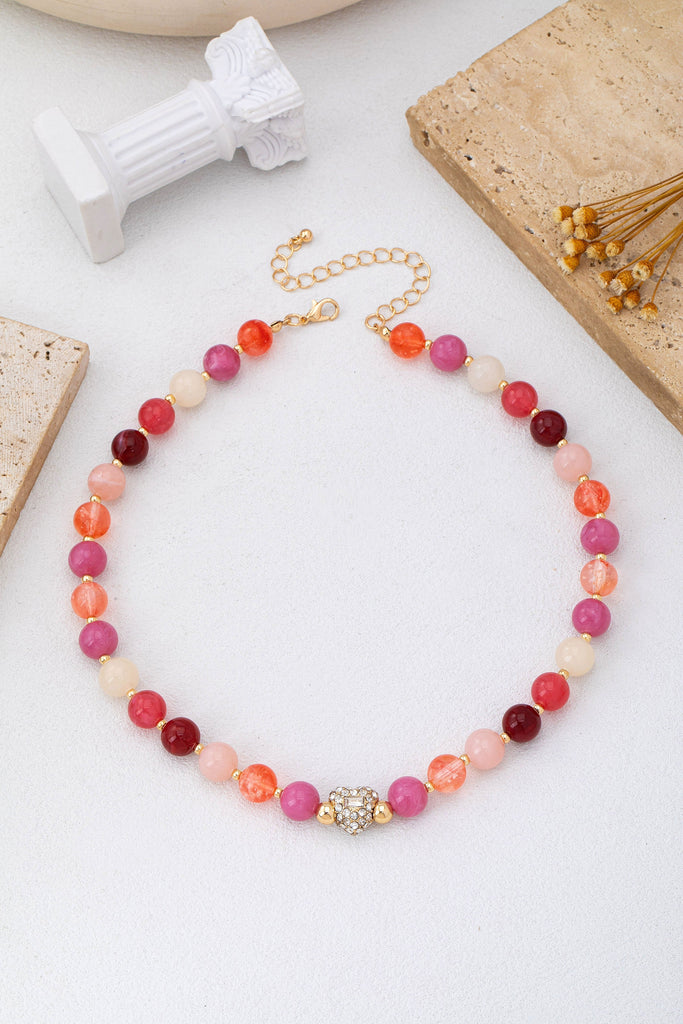 Rose & Berry Tone Beaded Heart Crystal Ball Necklace | 80N92958