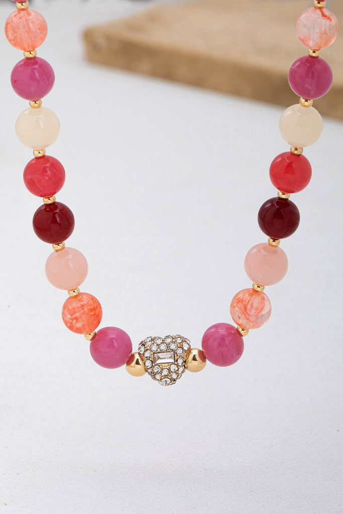 Rose & Berry Tone Beaded Heart Crystal Ball Necklace | 80N92958
