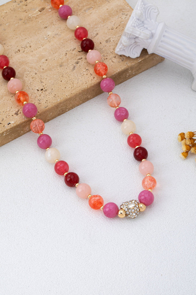 Rose & Berry Tone Beaded Heart Crystal Ball Necklace | 80N92958