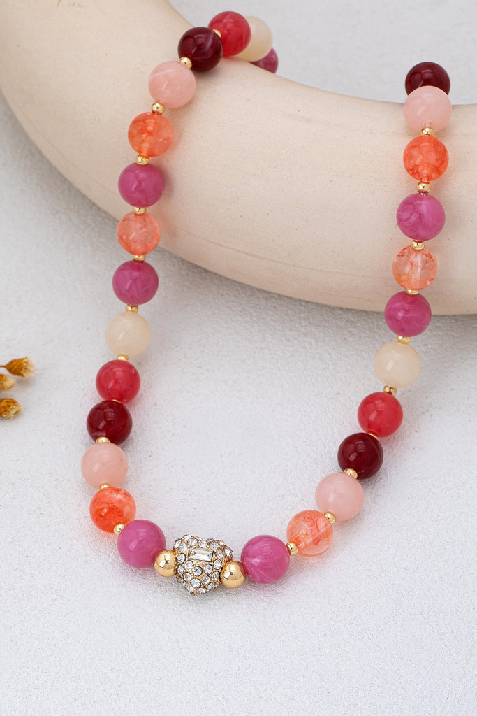 Rose & Berry Tone Beaded Heart Crystal Ball Necklace | 80N92958