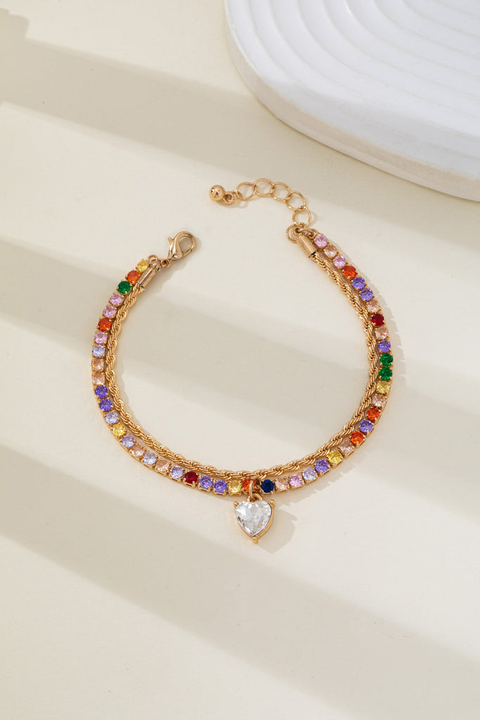 Multi-Color Crystal Heart Charm Tennis Bracelet | 80B1829