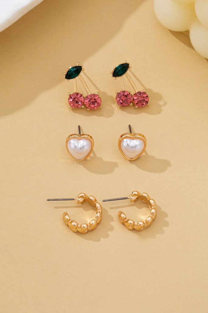 Trio Heart, Huggie, and Cherry Earring Set | 80E62473