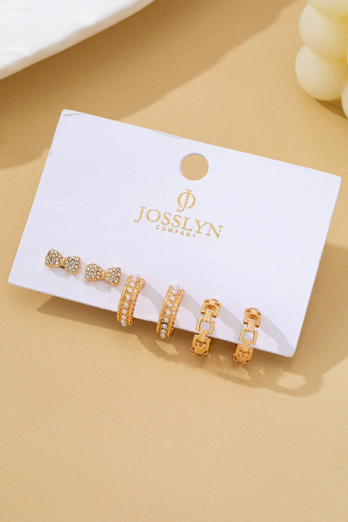 Trio Bow, Pearl Huggie, and Chain Hoop Earring Set | 80E6247