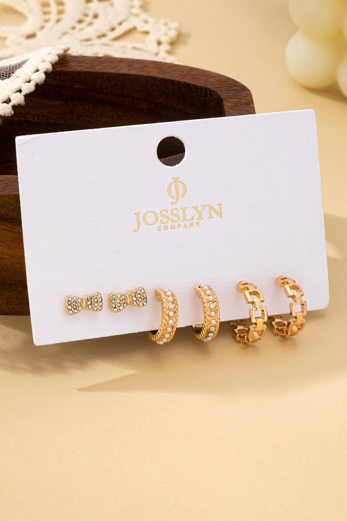 Trio Bow, Pearl Huggie, and Chain Hoop Earring Set | 80E6247