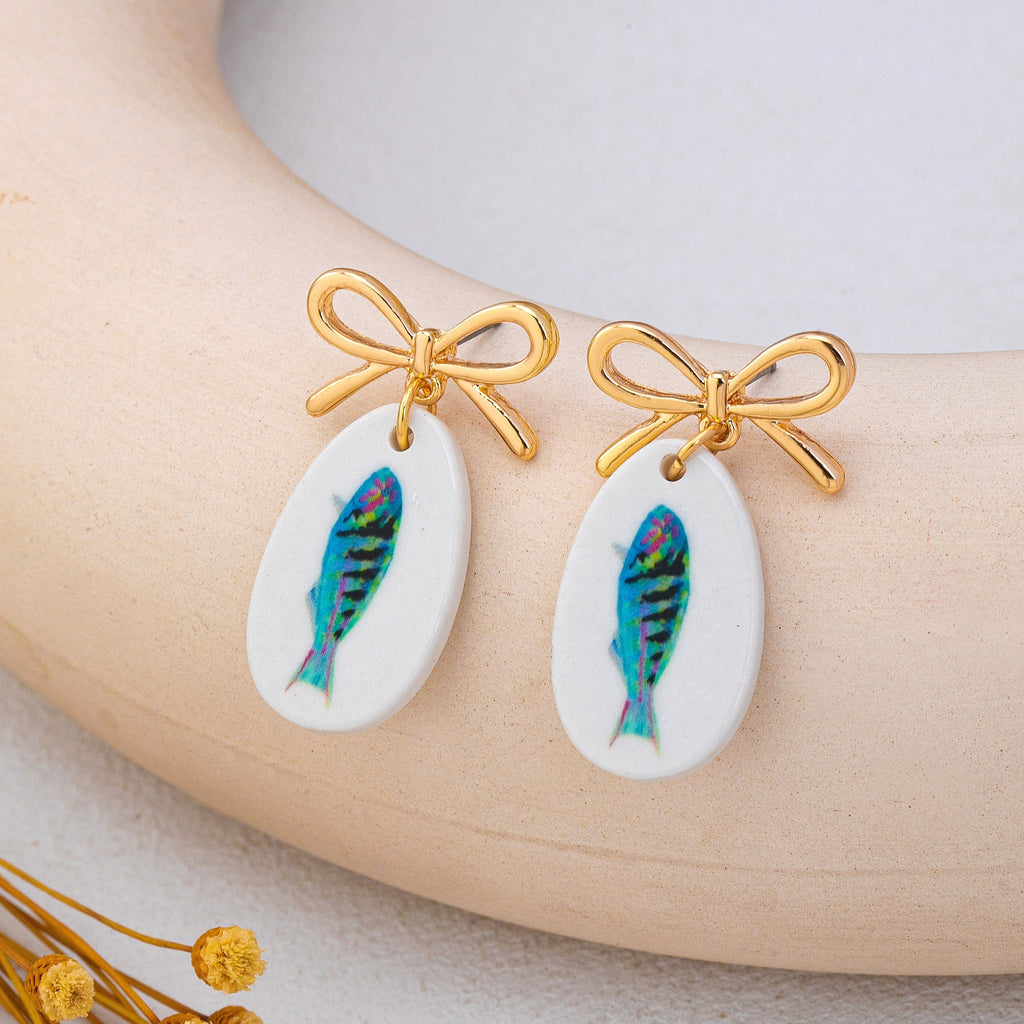 Gold Bow Drop Enamel Charm Statement Earrings | 80E62585