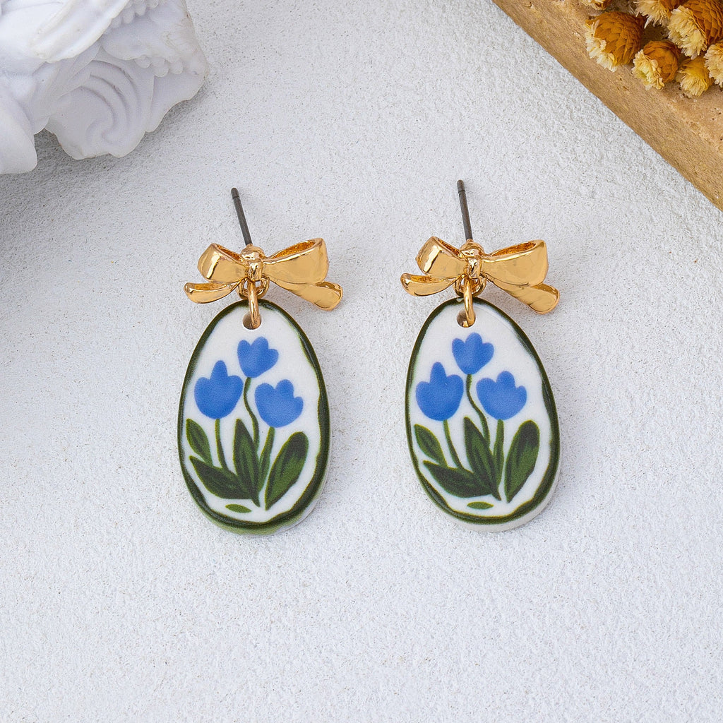 Gold Bow Drop Enamel Charm Statement Earrings | 80E62585