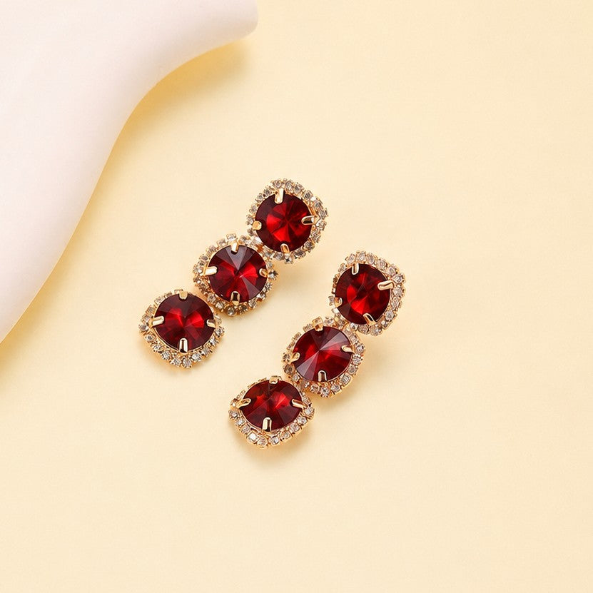 Triple-Drop Layer Emerald Ruby Rhinestone Earrings | 40E530