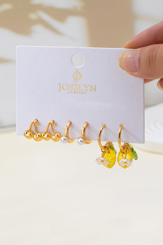 Cherry Studs Pearl Lemon Huggie Hoop Trio Earrings | 80E6267