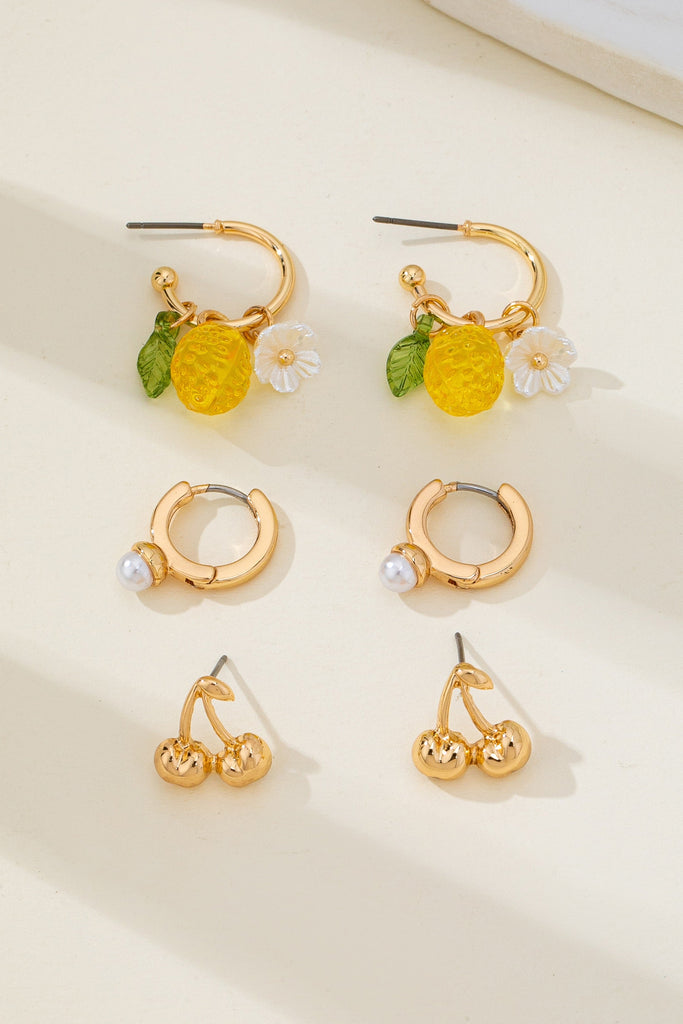 Cherry Studs Pearl Lemon Huggie Hoop Trio Earrings | 80E6267