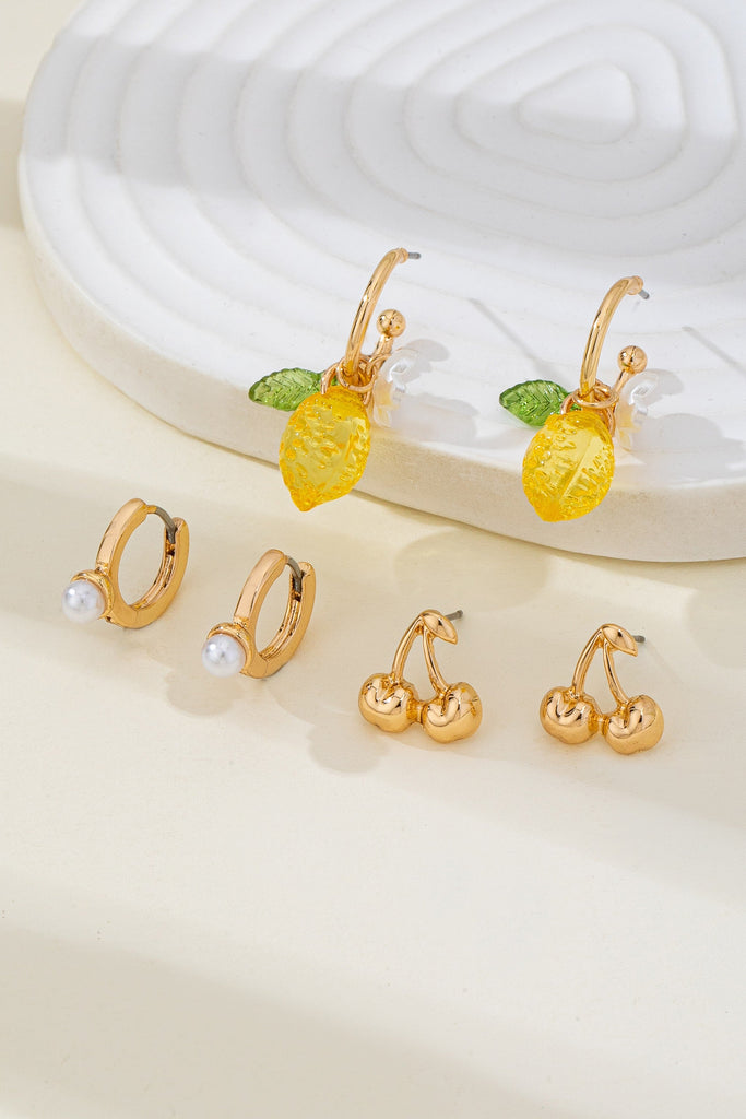 Cherry Studs Pearl Lemon Huggie Hoop Trio Earrings | 80E6267