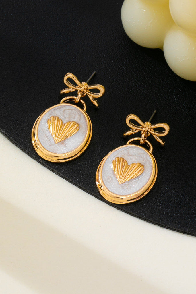 Enamel Oval Gold Heart Bow Drop Earrrings | 80E62589