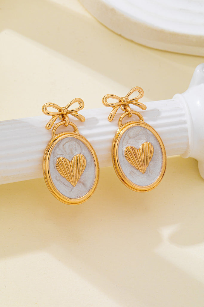 Enamel Oval Gold Heart Bow Drop Earrrings | 80E62589