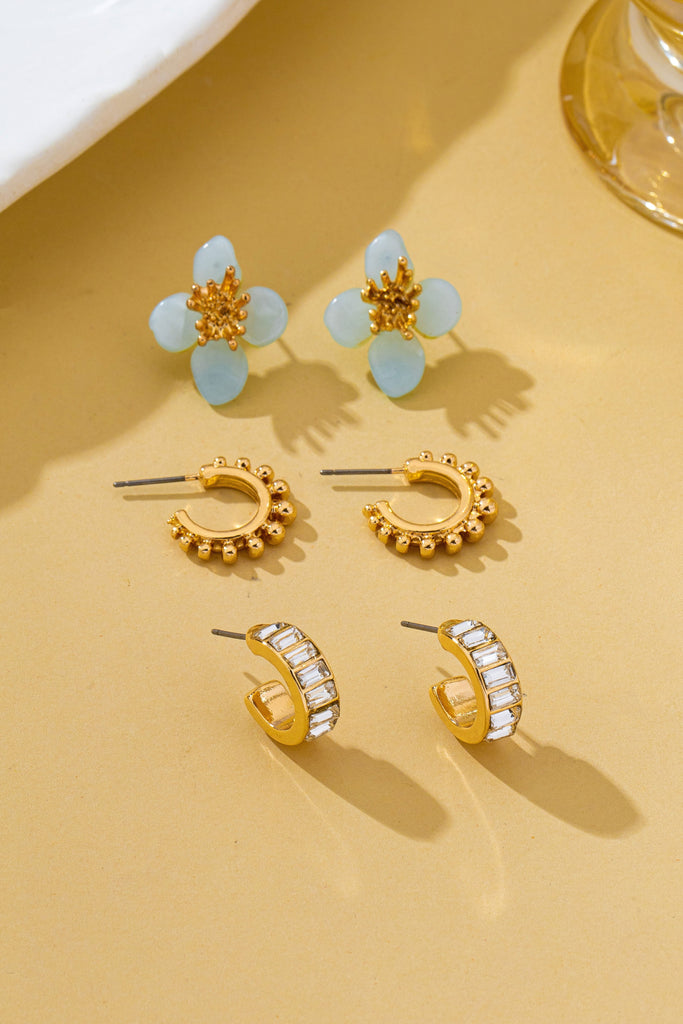 Resin Flower Stud & Baguette Huggie Hoop Trio Earring Set | 80E62686