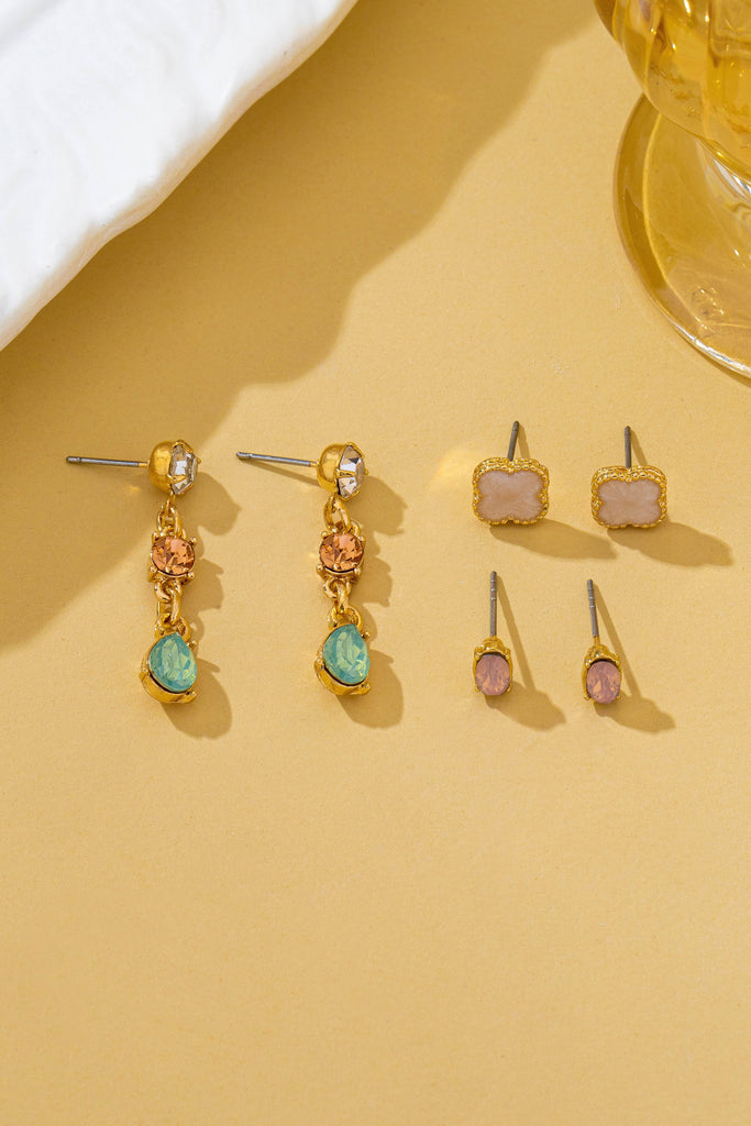 Mixed Clover Rhinestone Stud & Drop Trio Earring Set | 80E62676