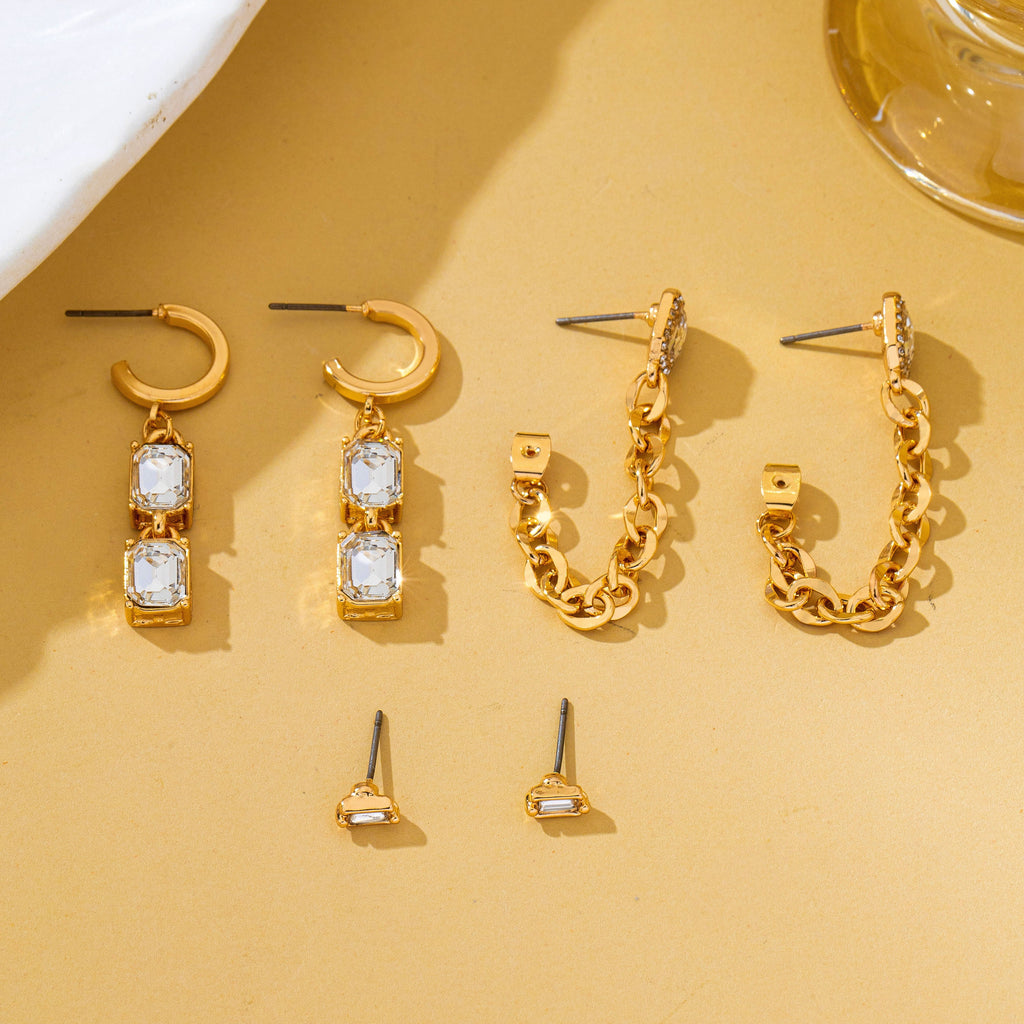 Stud Rhinestone Hoop & Chain Link Trio Earring Set| 80E62679