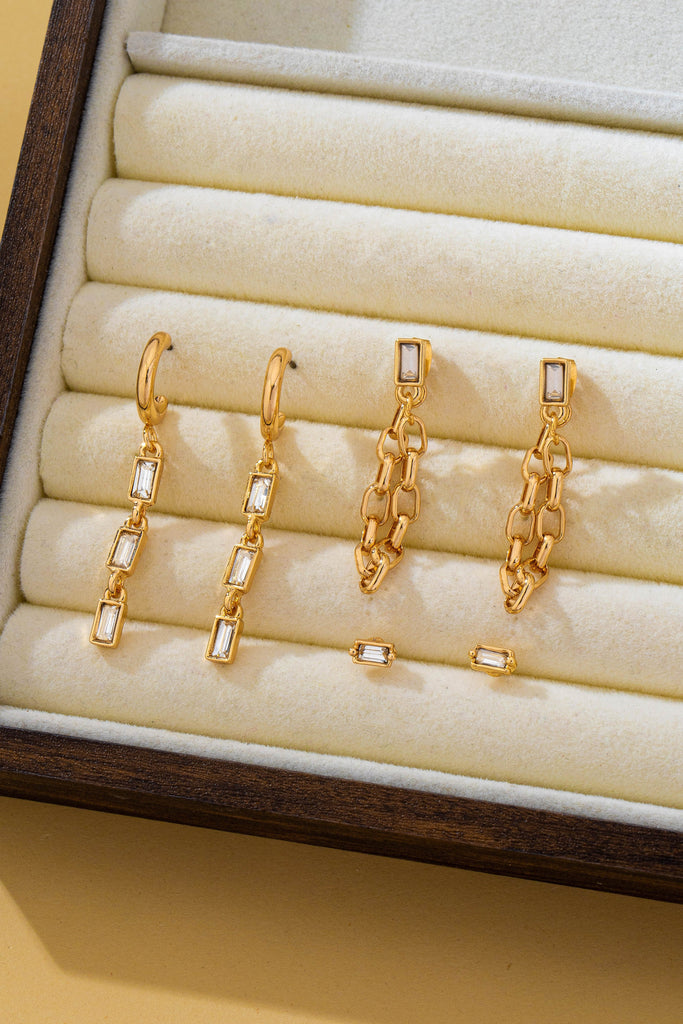 Geometric Baguette Stud & Chain Trio Earring Set | 80E62681