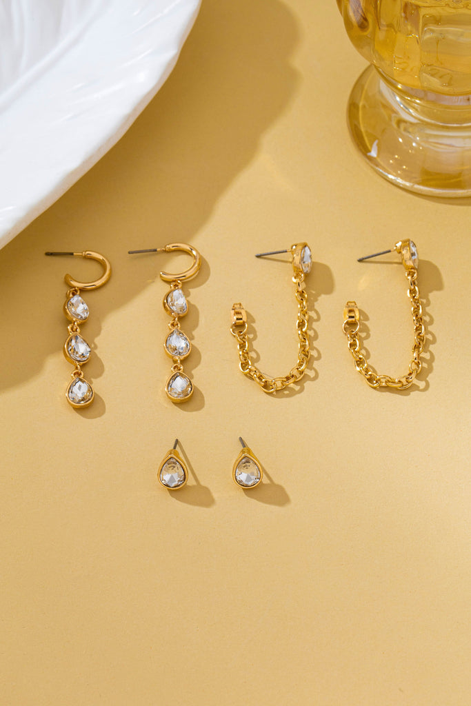 Teardrop Crystal Chain Hoop Drop Trio Earring Set | 80E62682