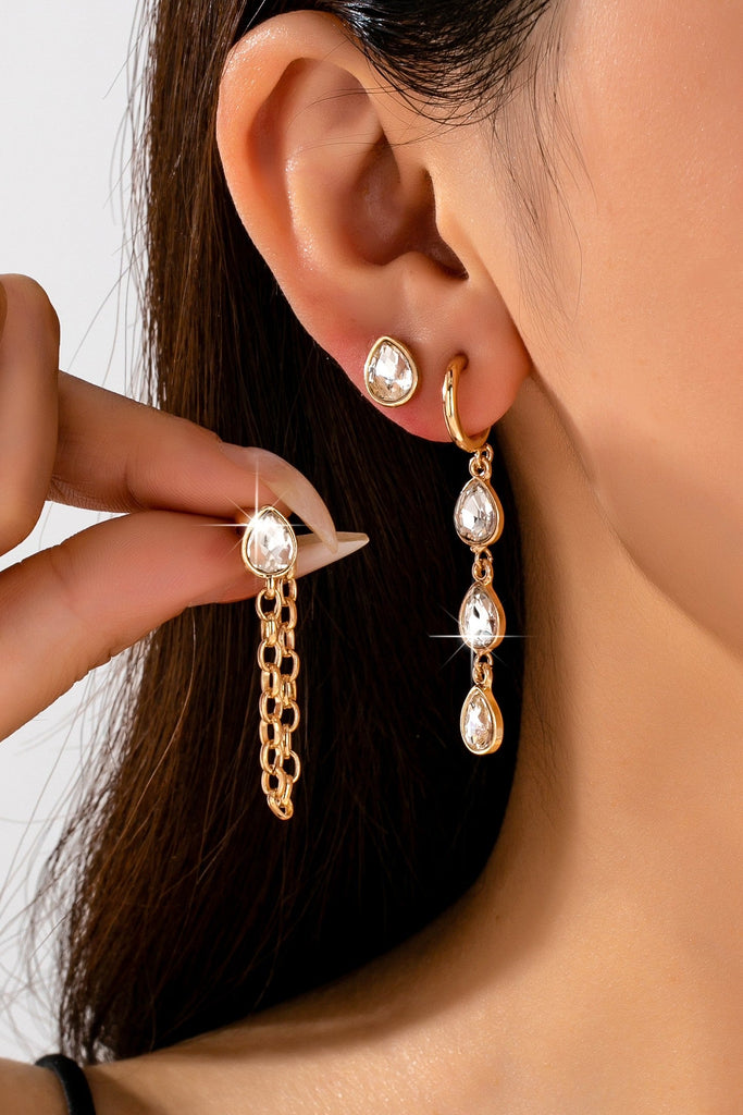 Teardrop Crystal Chain Hoop Drop Trio Earring Set | 80E62682