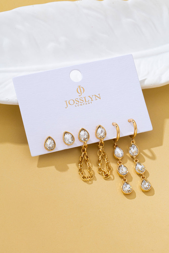 Teardrop Crystal Chain Hoop Drop Trio Earring Set | 80E62682