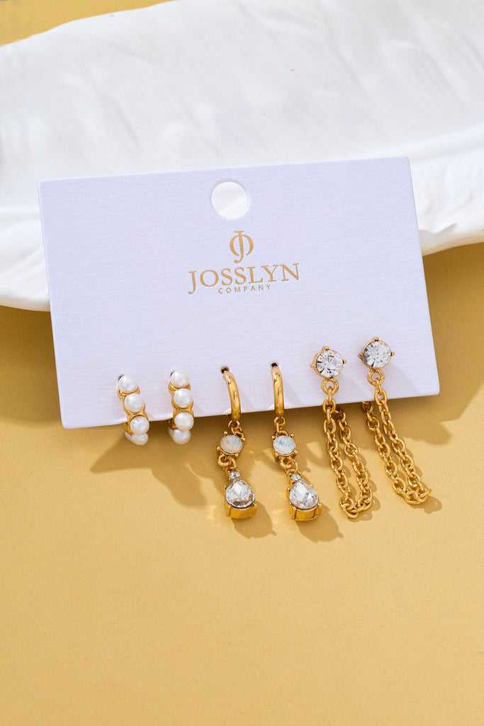 Pearl Hoop Crystal Drop Chain Trio Earring Set | 80E62685