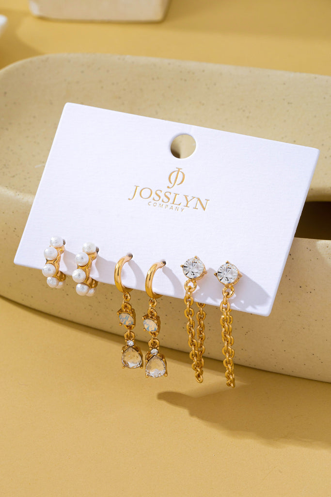 Pearl Hoop Crystal Drop Chain Trio Earring Set | 80E62685