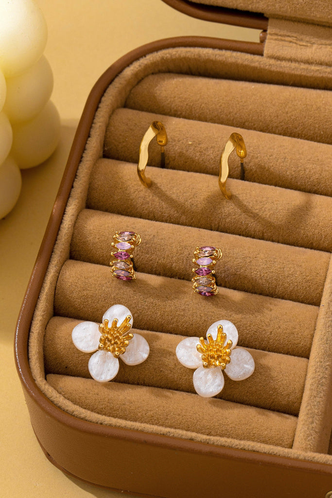 Resin Flower Crystal Gold Huggie Hoop Trio Earring Set | 80E62688