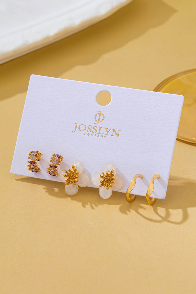 Resin Flower Crystal Gold Huggie Hoop Trio Earring Set | 80E62688