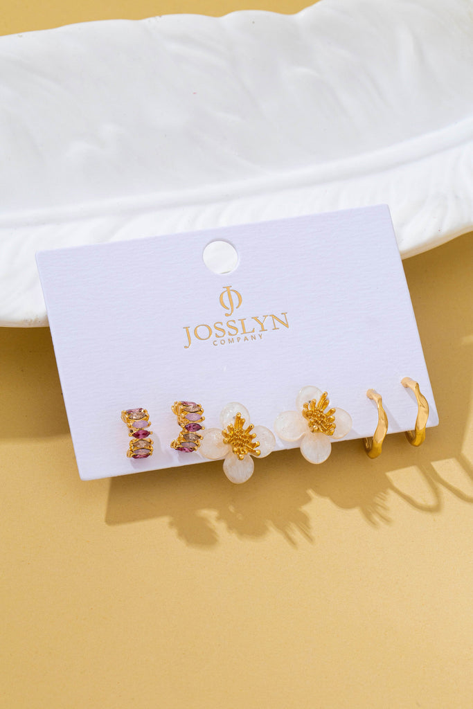 Resin Flower Crystal Gold Huggie Hoop Trio Earring Set | 80E62688