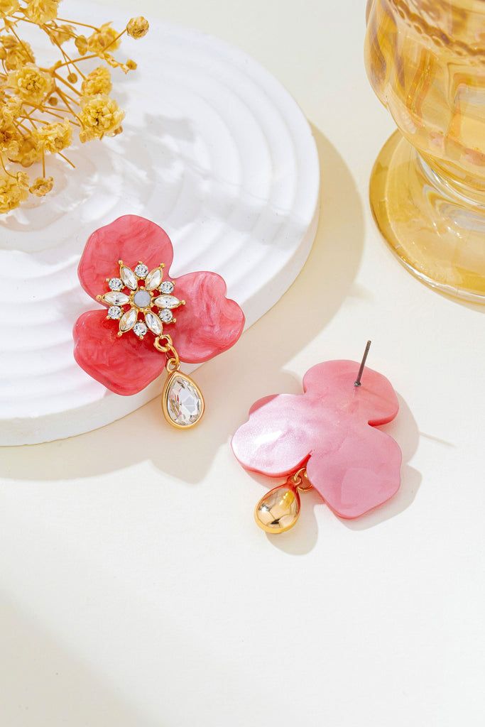Marbled Resin Floral Rhinestone Drop Earrings | 80E62723