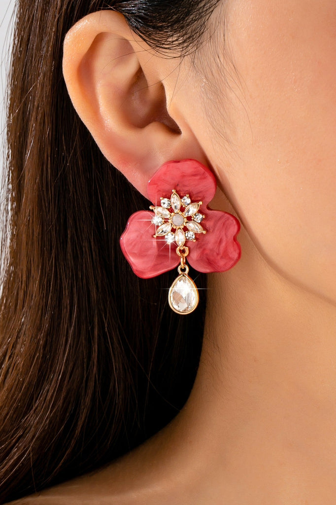 Marbled Resin Floral Rhinestone Drop Earrings | 80E62723