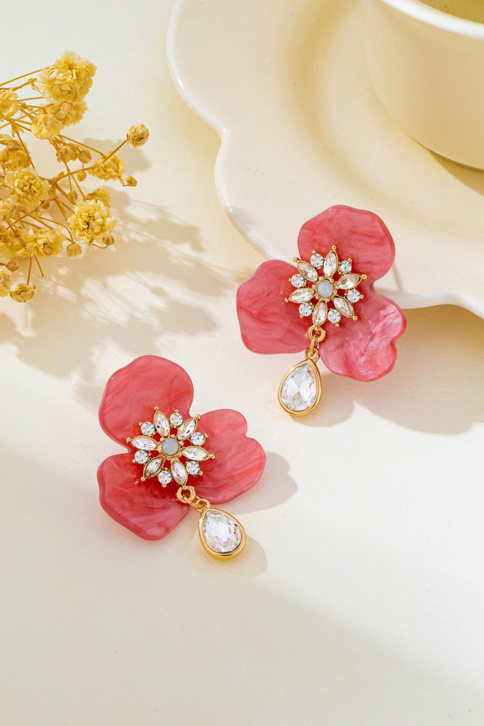 Marbled Resin Floral Rhinestone Drop Earrings | 80E62723