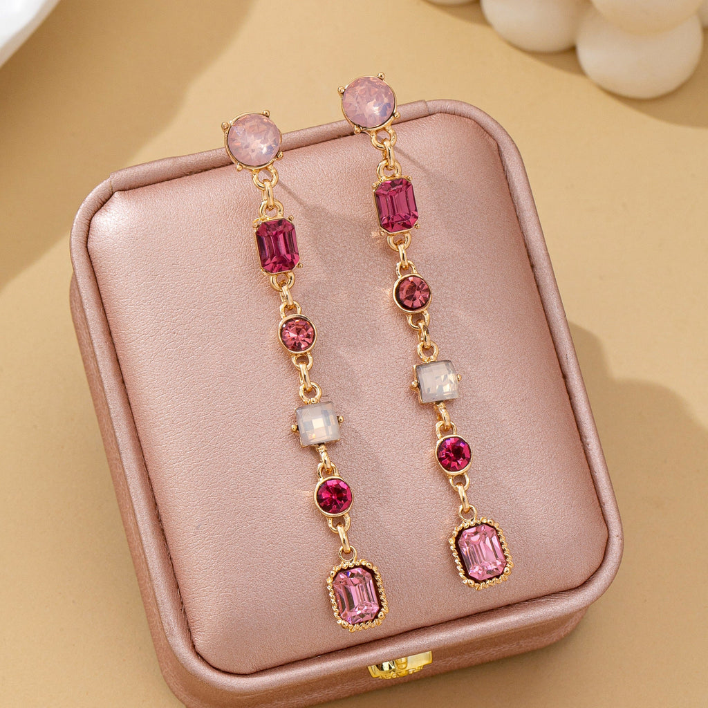 Rosy Ombre Geometric Crystal Linear Drop Earrings | 80E62752