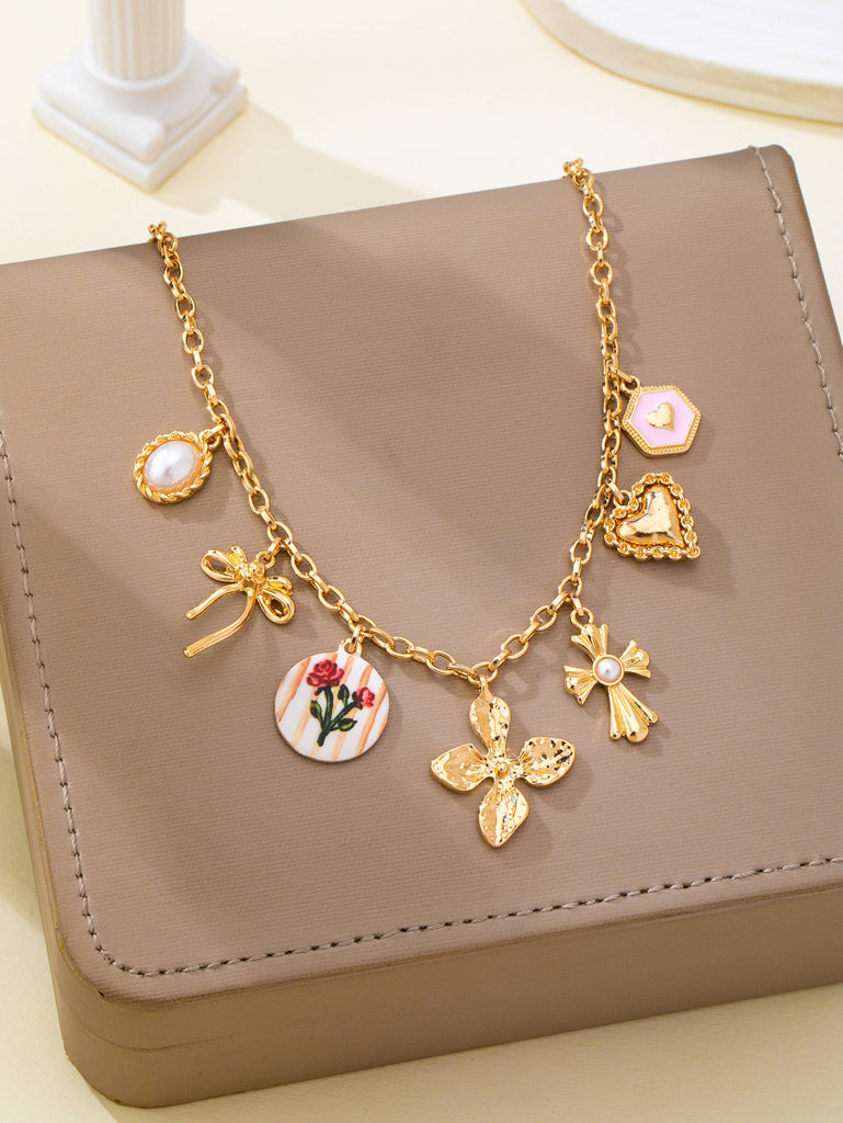 Vintage-Inspired Flower Pearl Cross Heart Charm Necklace | 80N93477