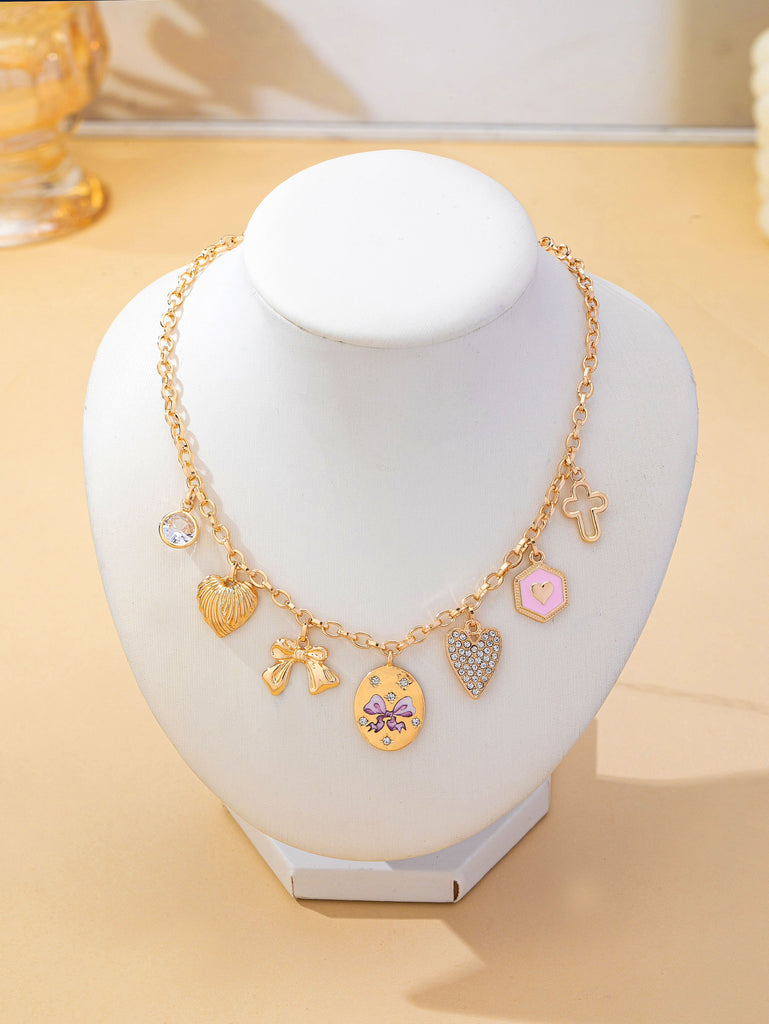 Romantic Flower Rhinestone Heart Bow Charm Necklace | 80N93479