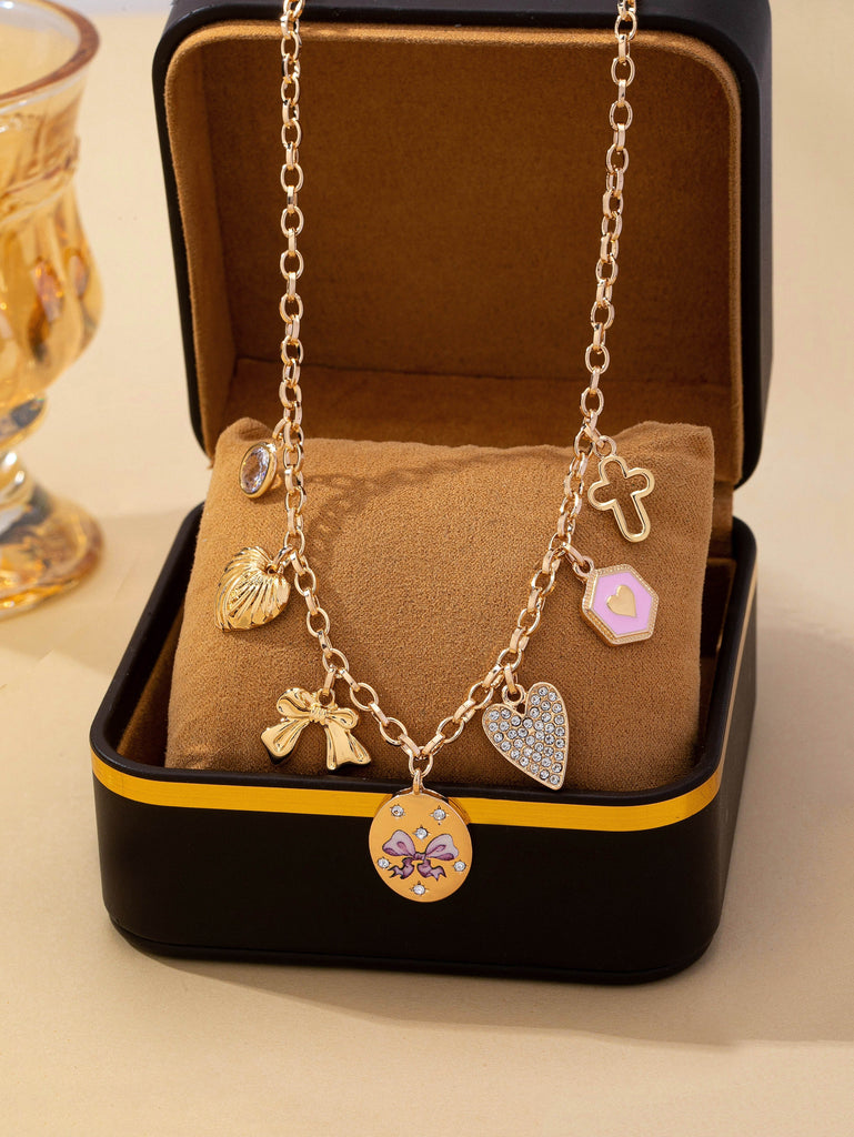 Romantic Flower Rhinestone Heart Bow Charm Necklace | 80N93479