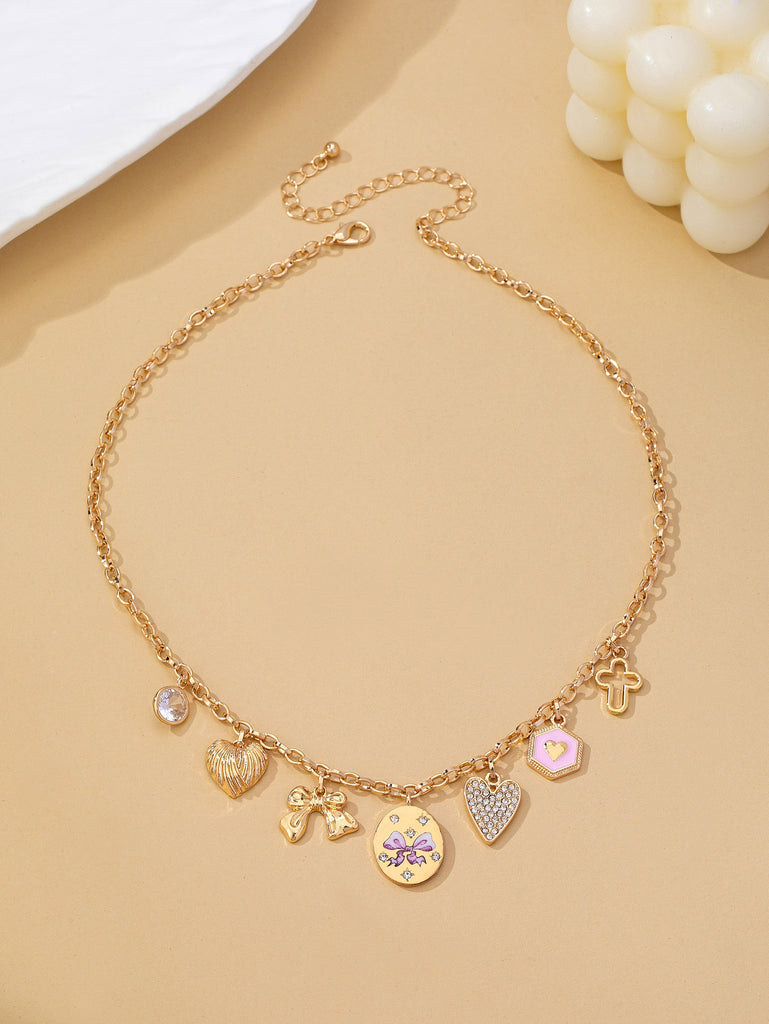Romantic Flower Rhinestone Heart Bow Charm Necklace | 80N93479