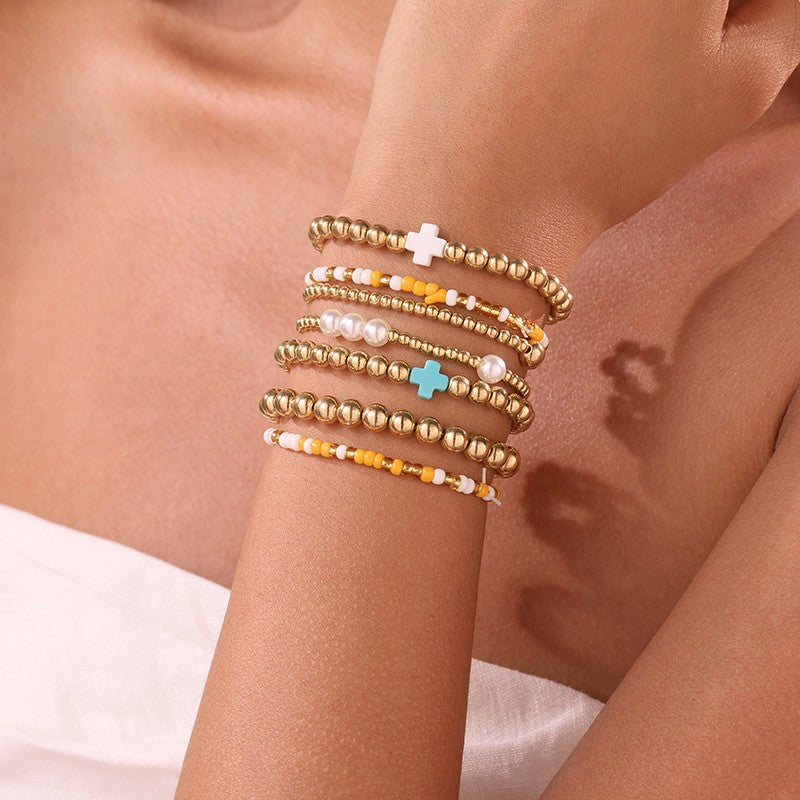 MULTI BALL PEARL BEAD CROSS STRETCHABLE BRACELET | 40B5271