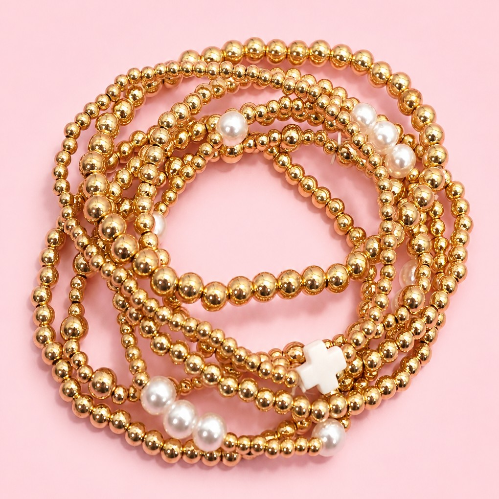 MULTI BALL PEARL BEAD CROSS STRETCHABLE BRACELET | 40B5271