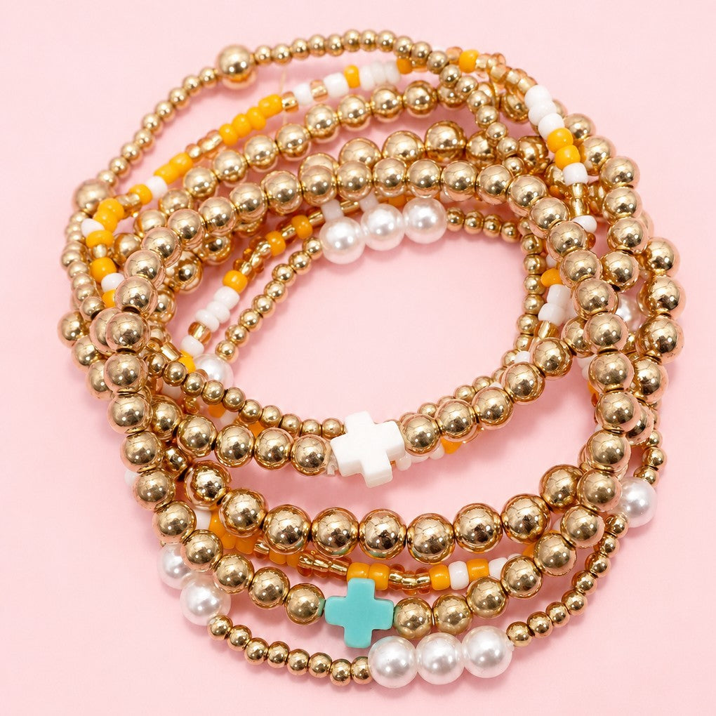 MULTI BALL PEARL BEAD CROSS STRETCHABLE BRACELET | 40B5271
