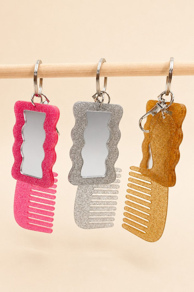 GLITTER HAIR COMB MIRROR BAG CHARM KEY CHAIN | 40KC189