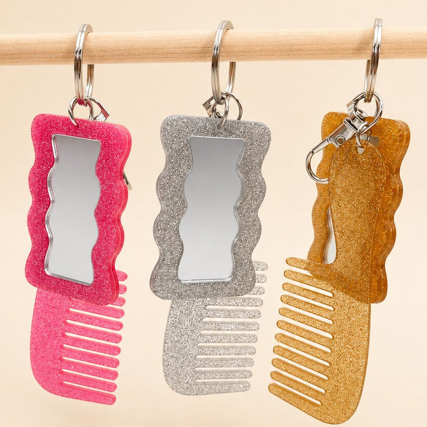 GLITTER HAIR COMB MIRROR BAG CHARM KEY CHAIN | 40KC189