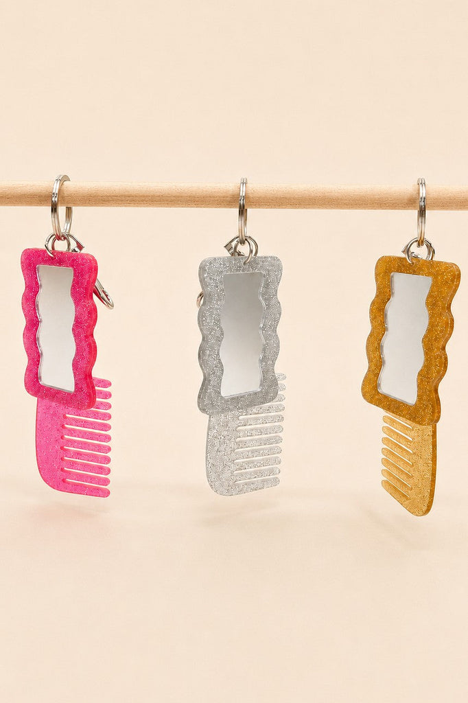 GLITTER HAIR COMB MIRROR BAG CHARM KEY CHAIN | 40KC189